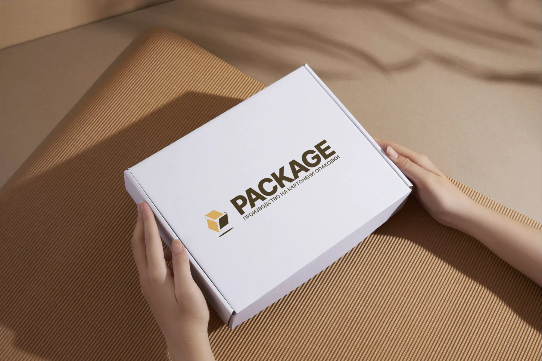 Кутия с логото на Package в ръце, върху велпапе